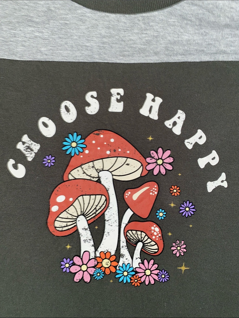 NO BOUNDARIES mushrooms “Choose Happy” olive green gray crew neck top size XXL